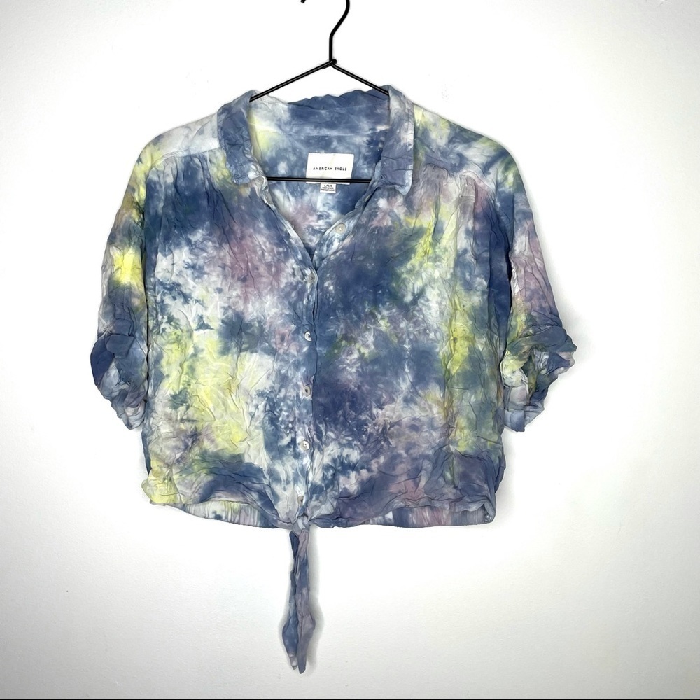 AEO Cropped Tie Dye Collared Top Womens L